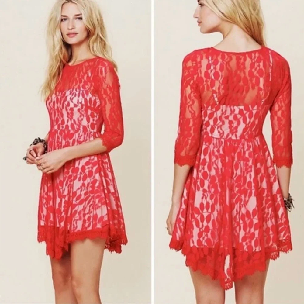 Free People Vibrant Red Lace Mini Dress Size 4 - Picture 2 of 12